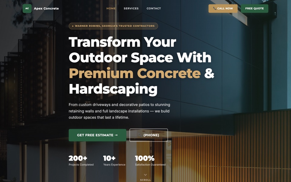 Custom website design example for a concrete and hardscaping contractor