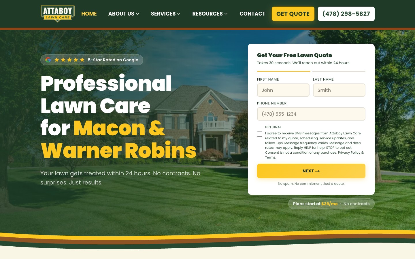 Attaboy Lawn Care website, live client site built by War-Buck Marketing